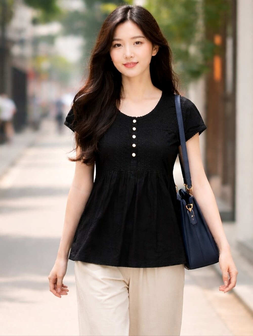 JESSICA🐞Y2K Black Embroidered Cotton Crochet Short Sleeve Buttoned Blouse Sz:XS
